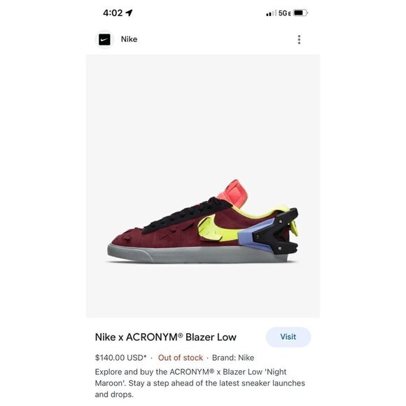 Nike × ACRONYM Blazer Low Night Maroon Men’s 7.5 - Picture 5 of 6